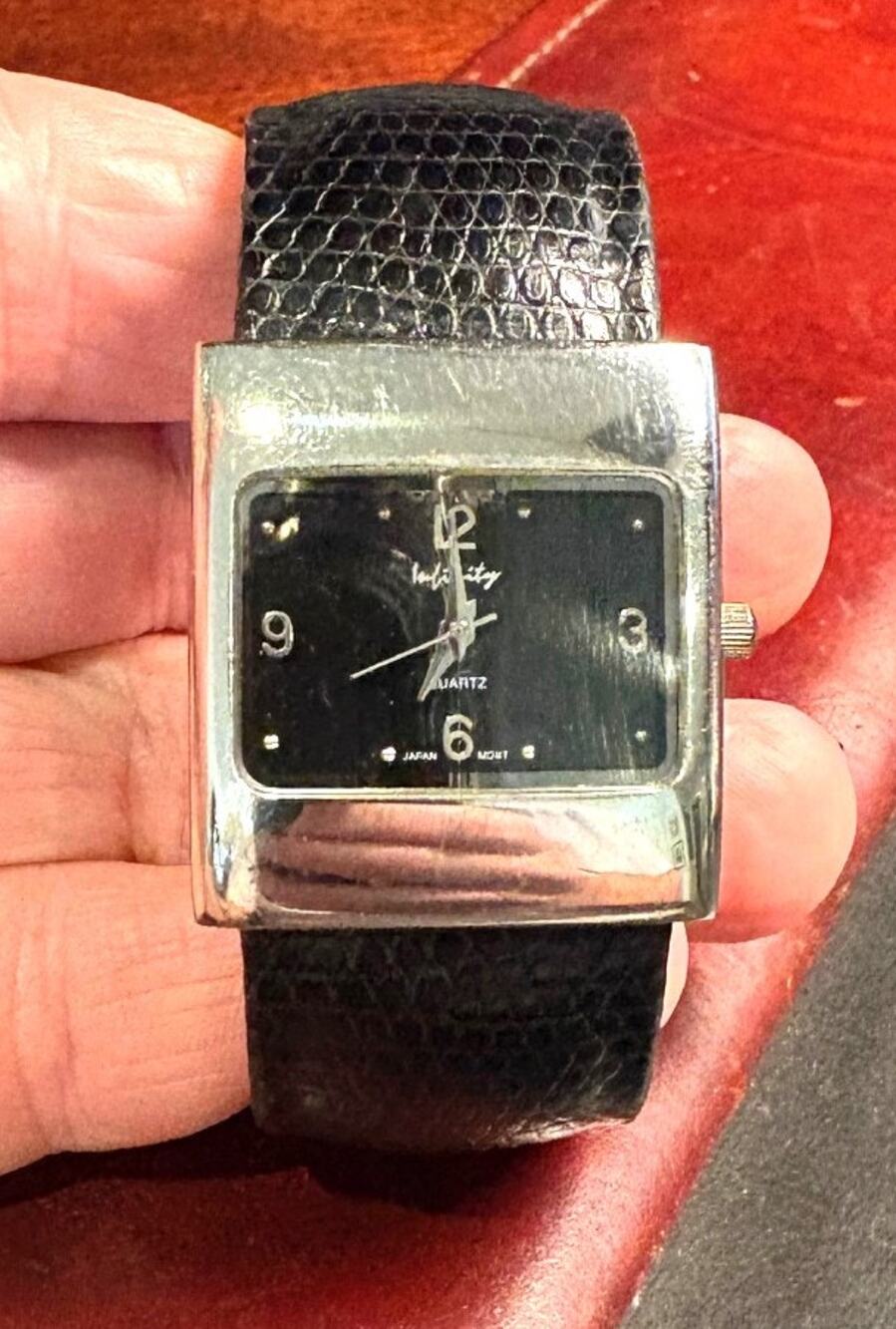 Women's 32mm Silver Tone Infinity Bangle Watch, Black Lwather Wrapped Band